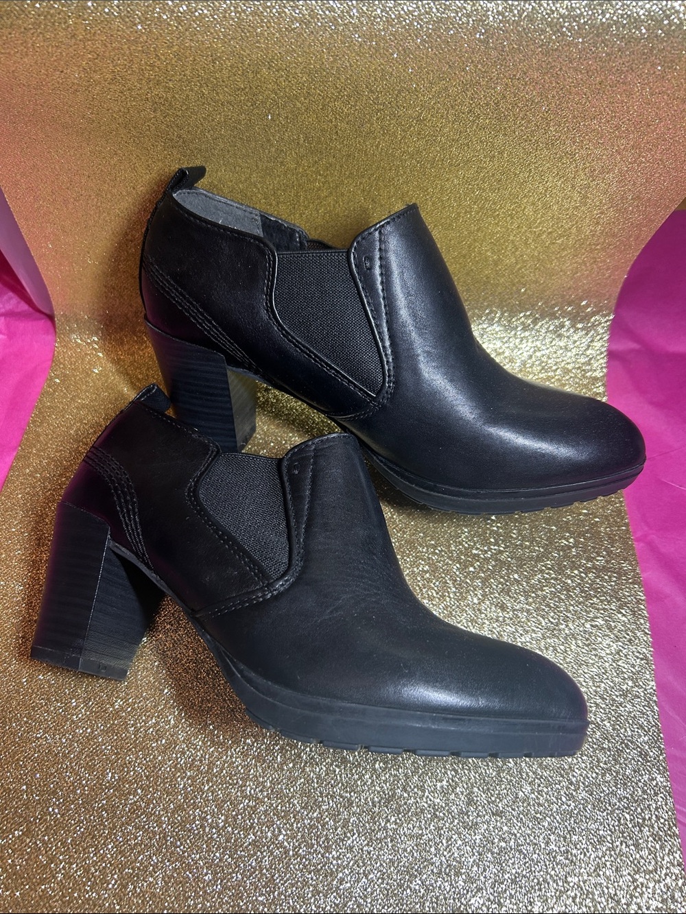 Women's Black Leather Chunky Heel Ankle Boot NEVER WORN